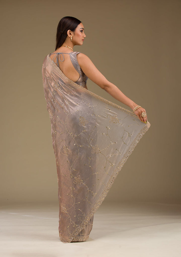 Grey Stonework Tissue Saree-Koskii