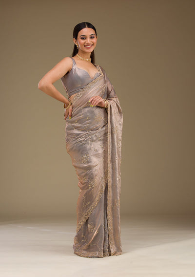 Grey Stonework Tissue Saree-Koskii