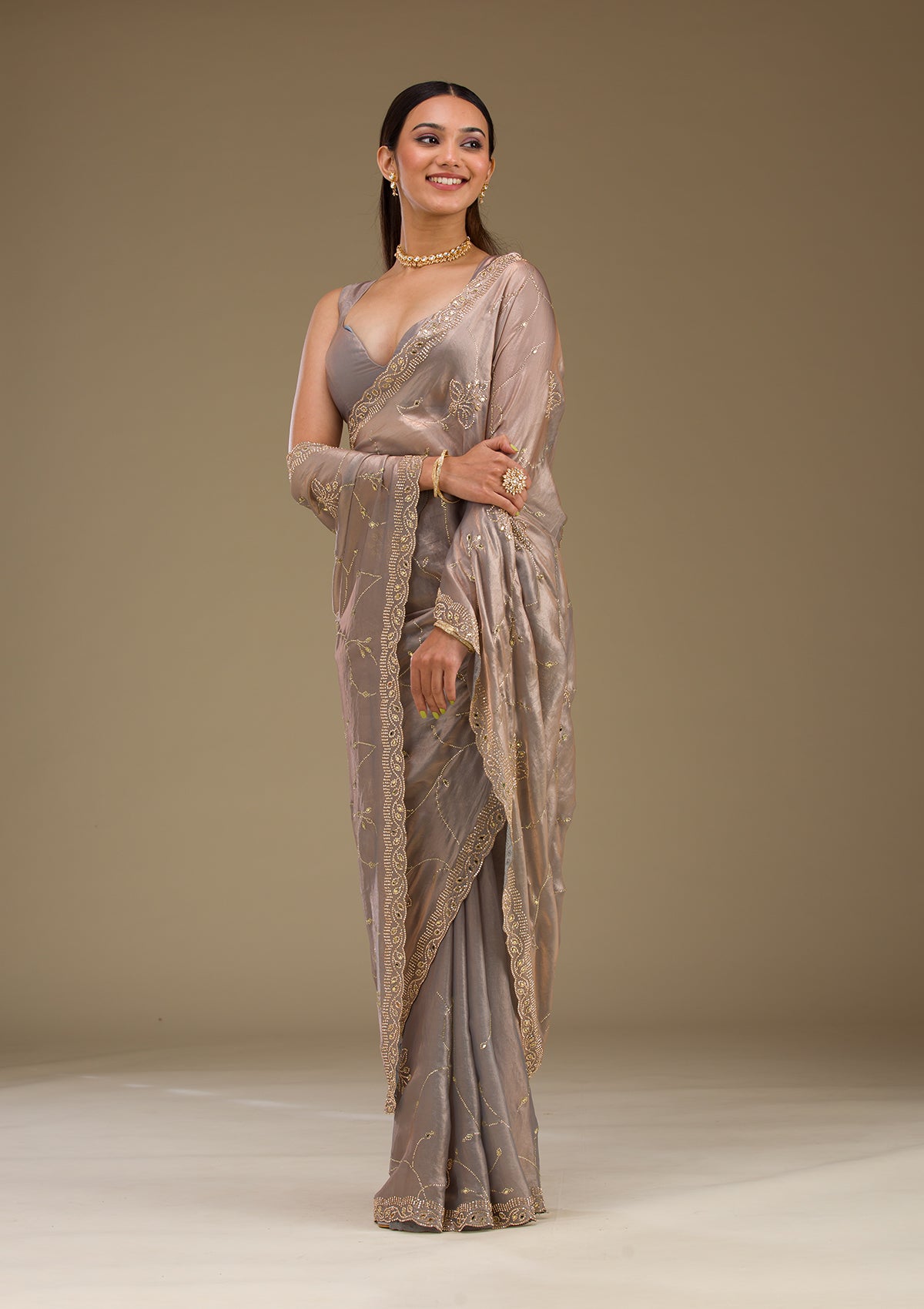 Grey Stonework Tissue Saree-Koskii