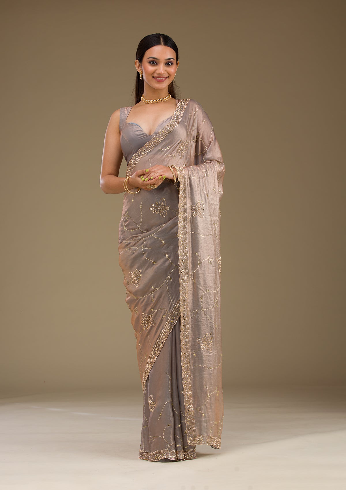 Grey Stonework Tissue Saree-Koskii