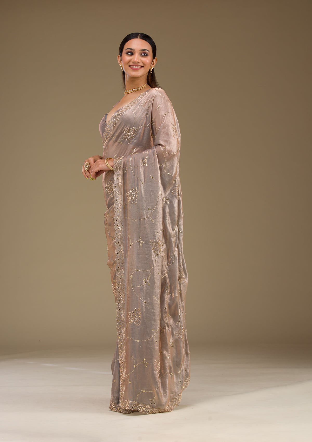 Grey Stonework Tissue Saree-Koskii