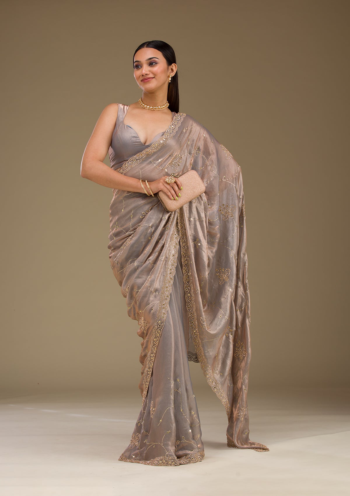 Grey Stonework Tissue Saree-Koskii