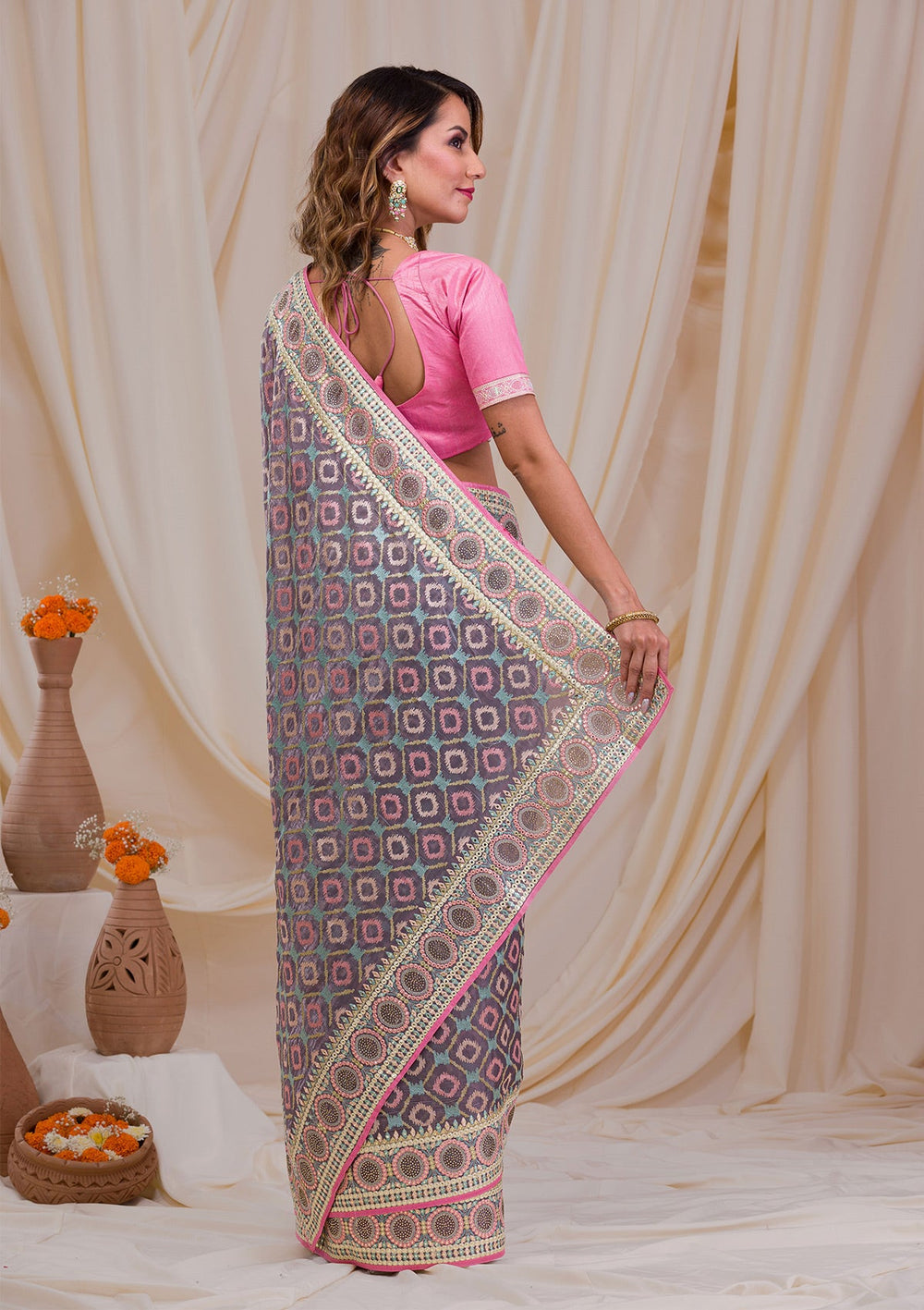 Grey Swarovski Chiffon Saree-Koskii