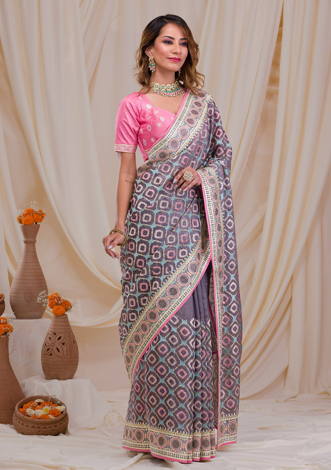 Grey Swarovski Chiffon Saree-Koskii