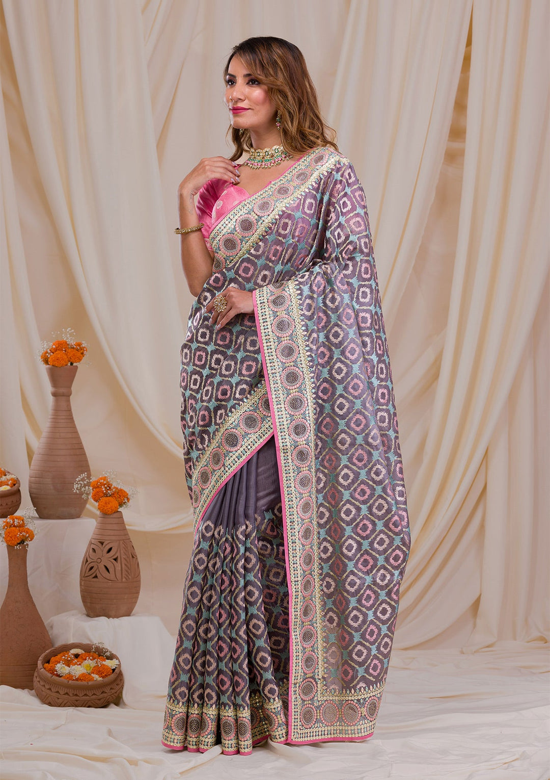 Grey Swarovski Chiffon Saree-Koskii