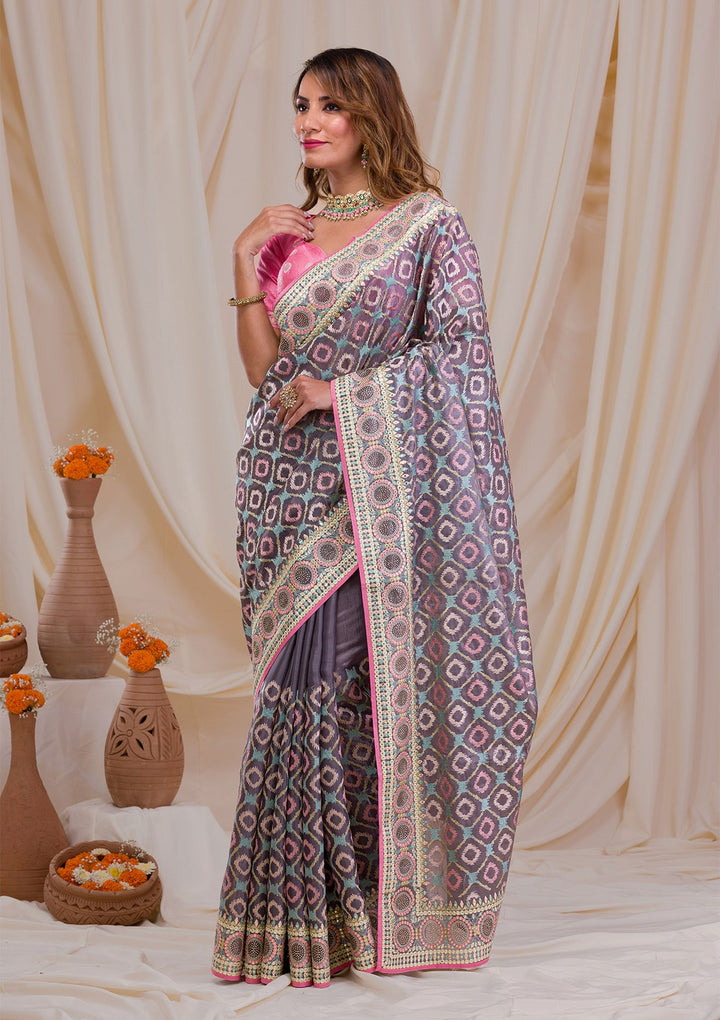 Grey Swarovski Chiffon Saree-Koskii