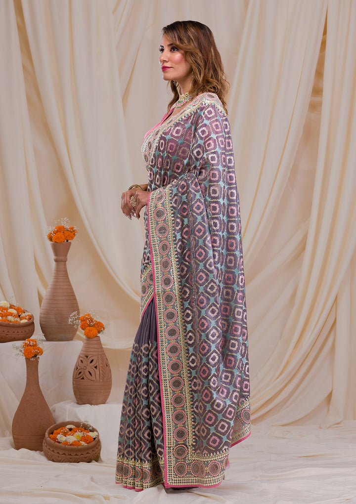 Grey Swarovski Chiffon Saree-Koskii