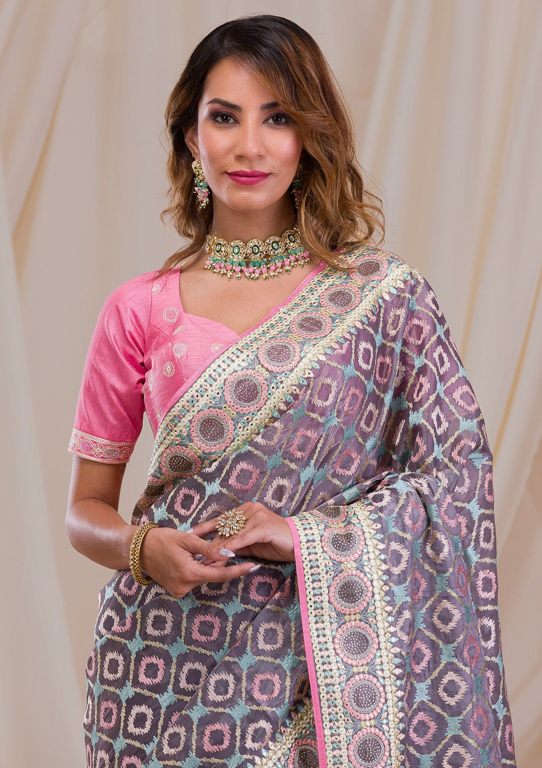 Grey Swarovski Chiffon Saree-Koskii