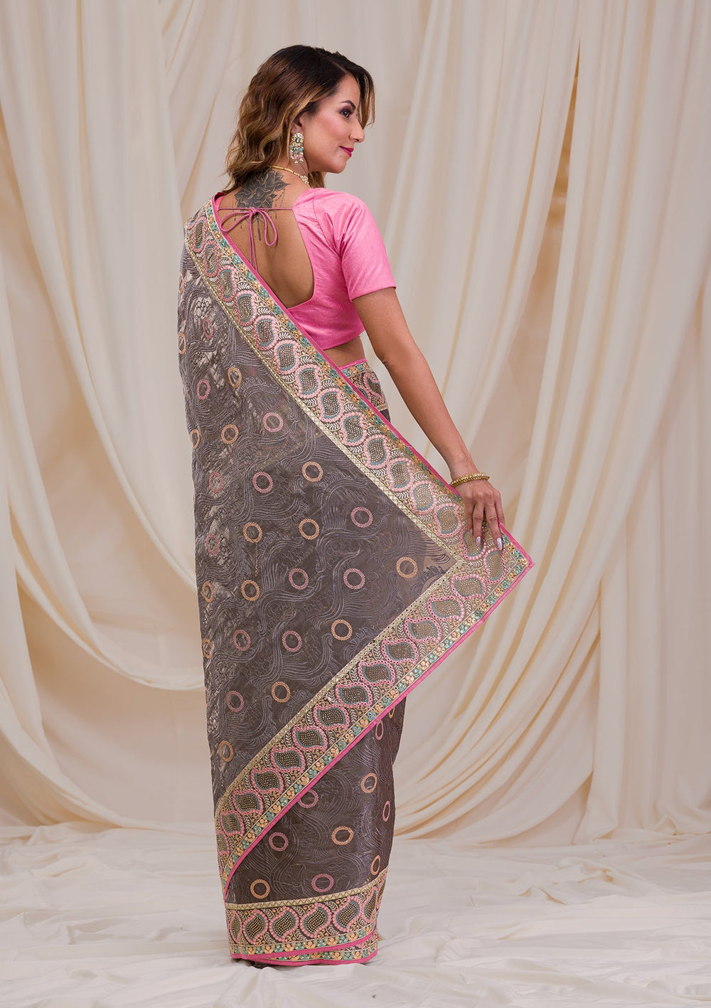 Grey Swarovski Chiffon Saree-Koskii