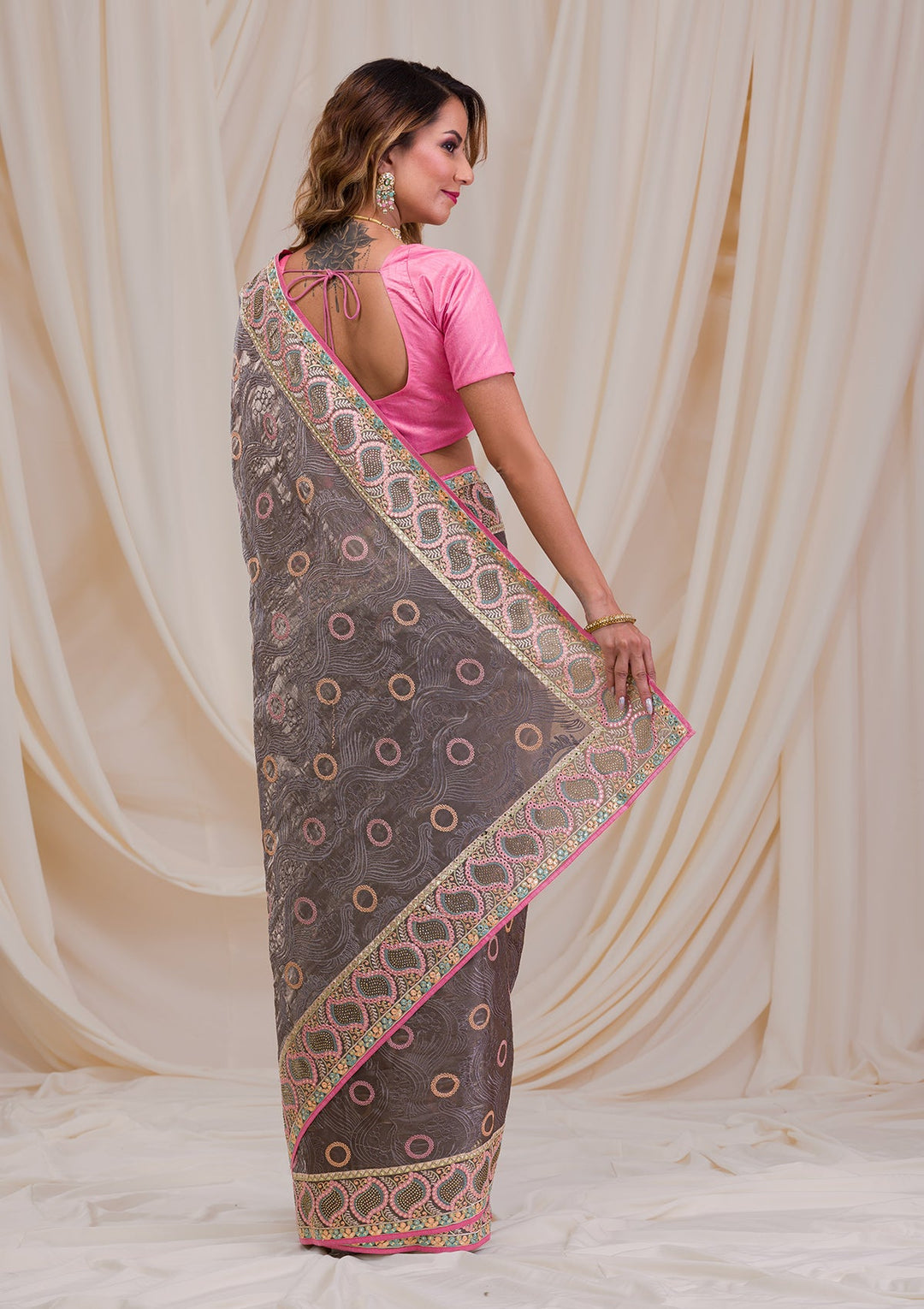 Grey Swarovski Chiffon Saree-Koskii