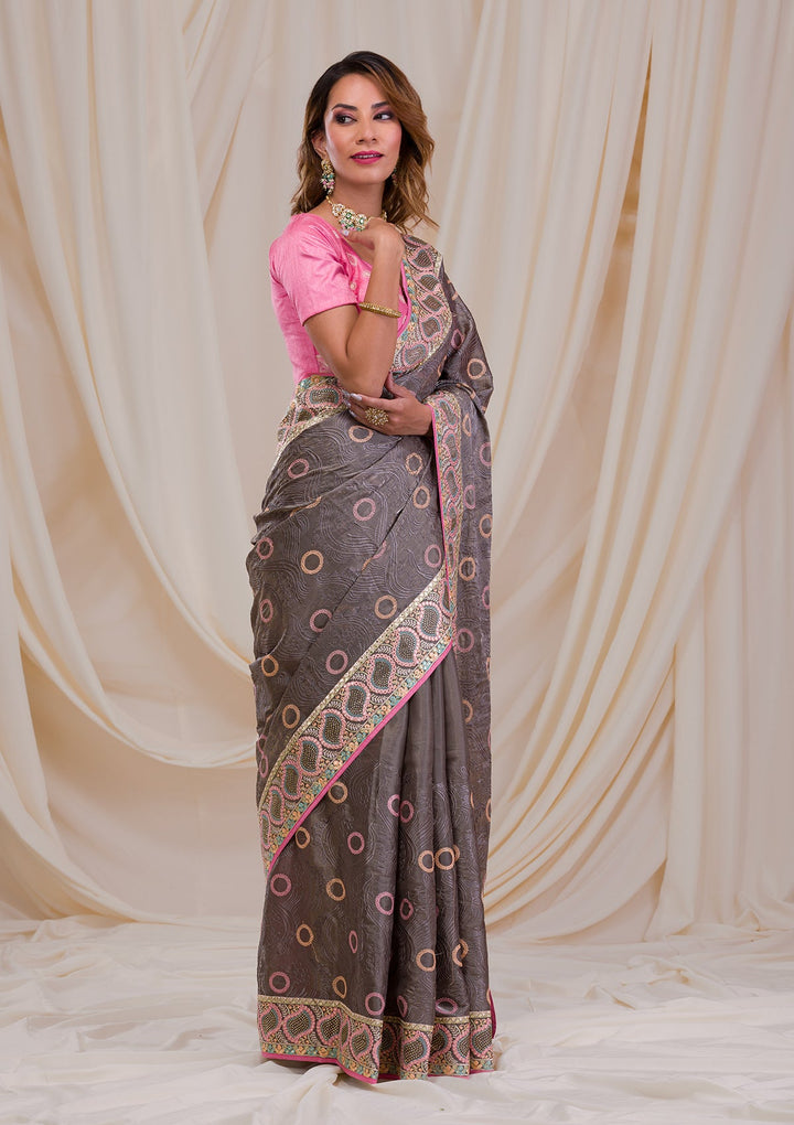 Grey Swarovski Chiffon Saree-Koskii