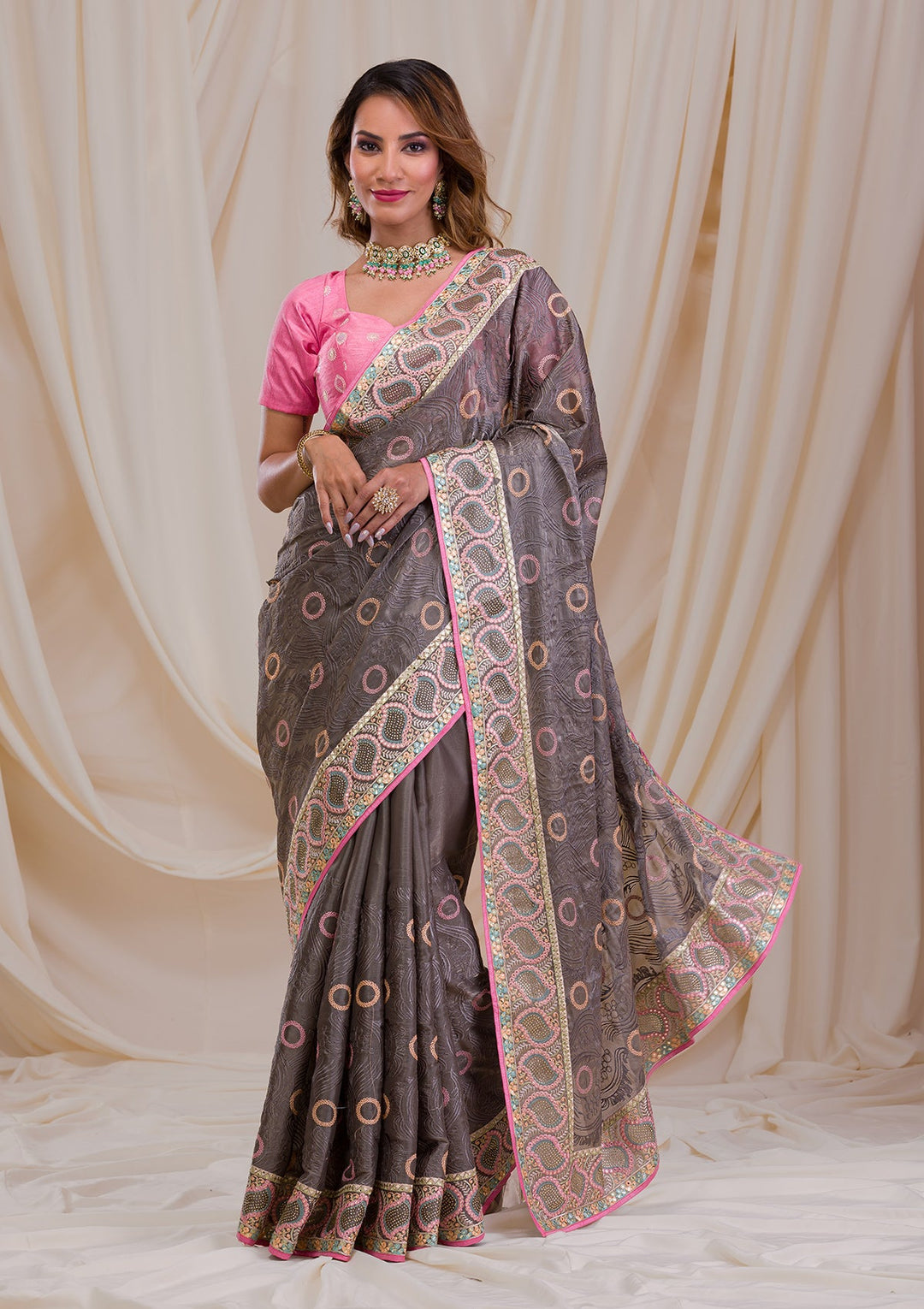 Grey Swarovski Chiffon Saree-Koskii
