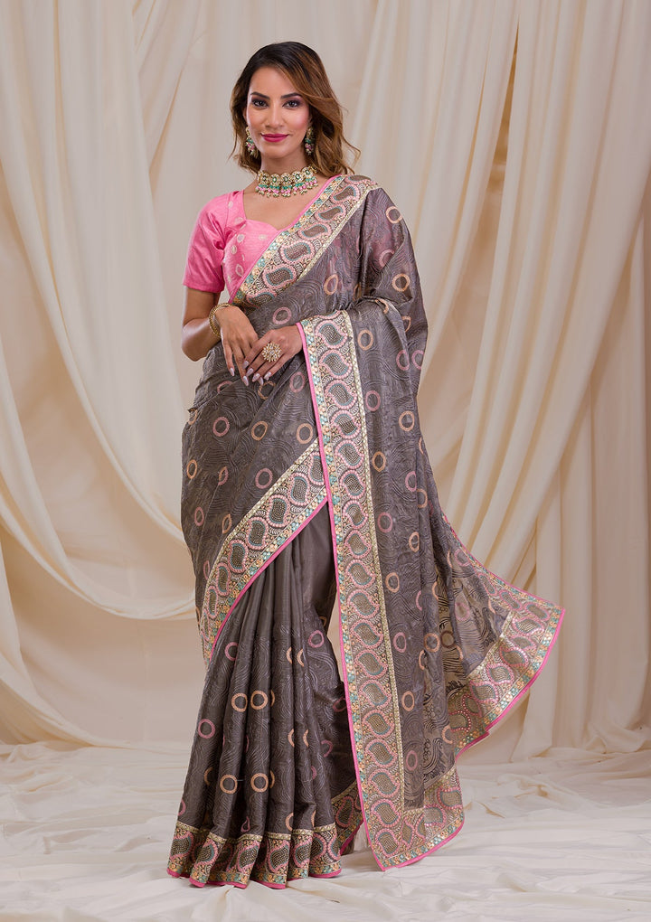 Grey Swarovski Chiffon Saree-Koskii