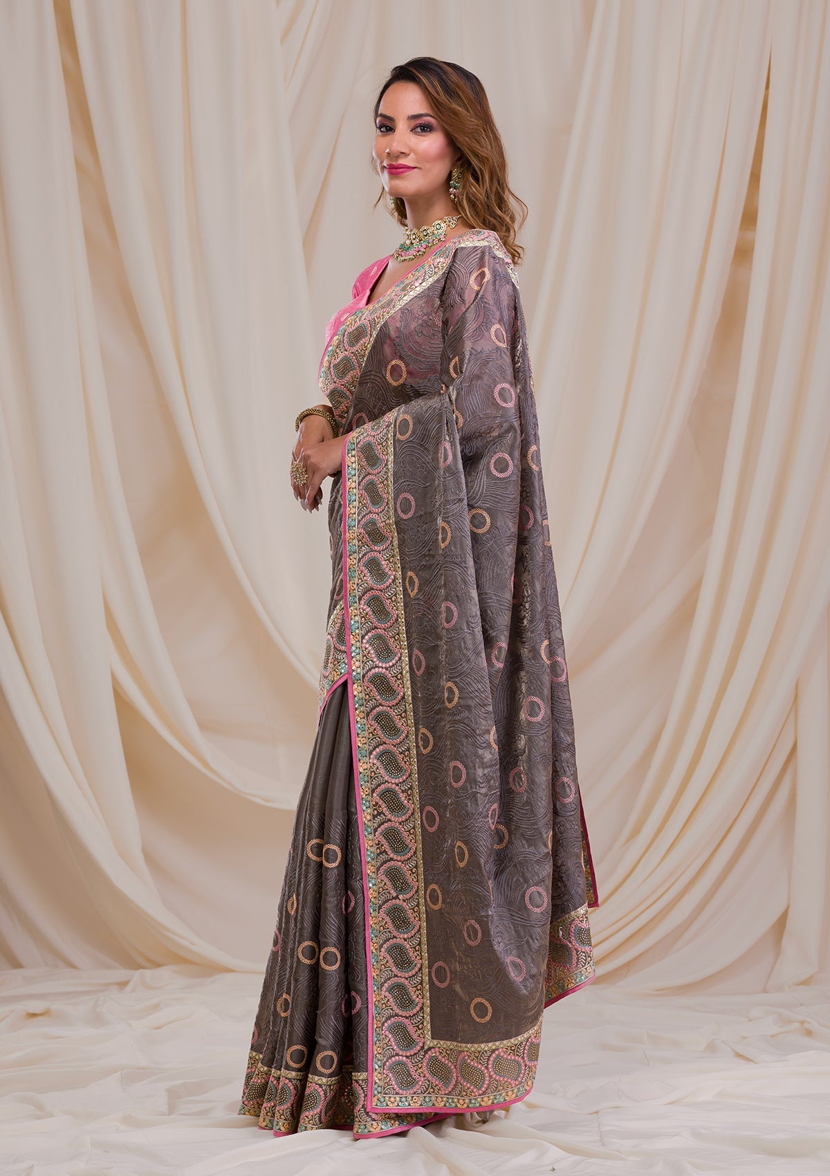 Grey Swarovski Chiffon Saree-Koskii