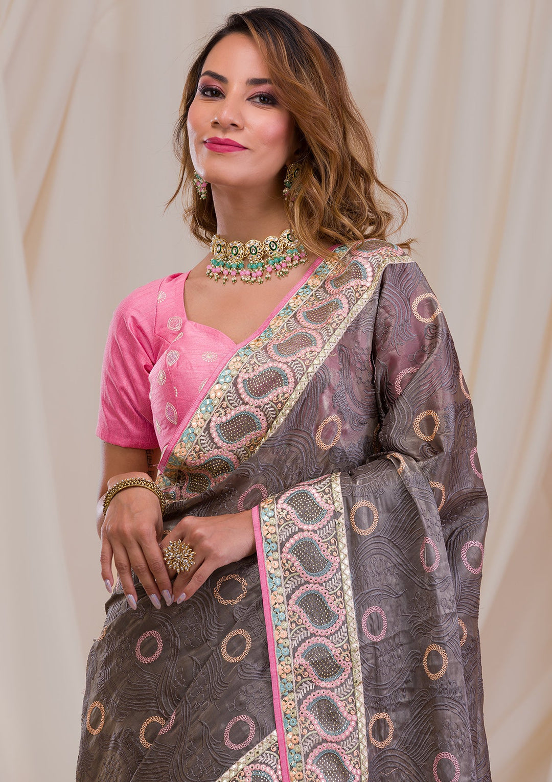 Grey Swarovski Chiffon Saree-Koskii