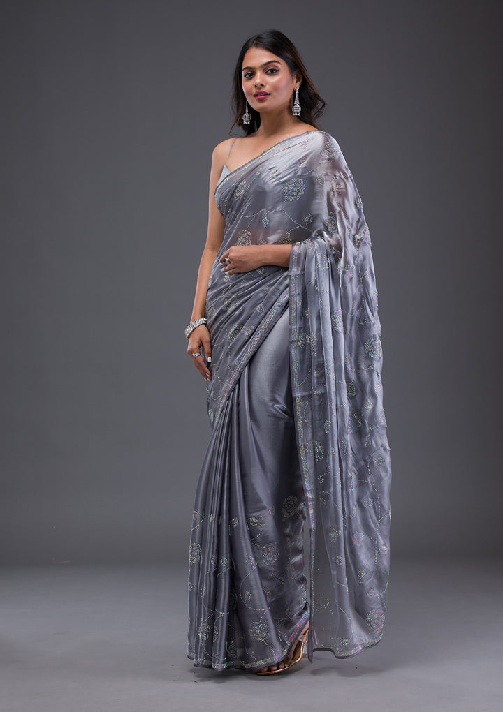 Grey Swarovski Chiffon Saree-Koskii