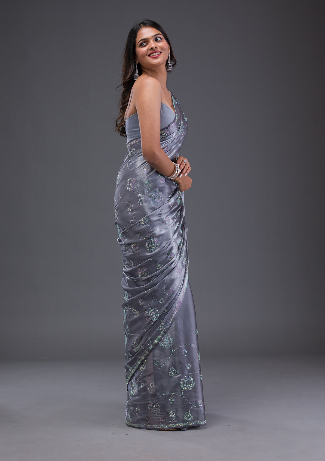 Grey Swarovski Chiffon Saree-Koskii
