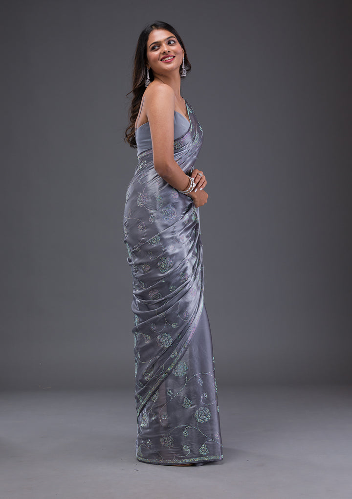 Grey Swarovski Chiffon Saree-Koskii