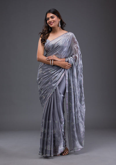 Grey Swarovski Chiffon Saree-Koskii