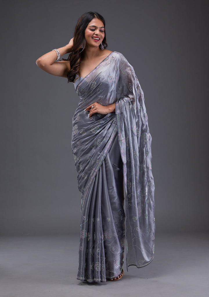 Grey Swarovski Chiffon Saree-Koskii