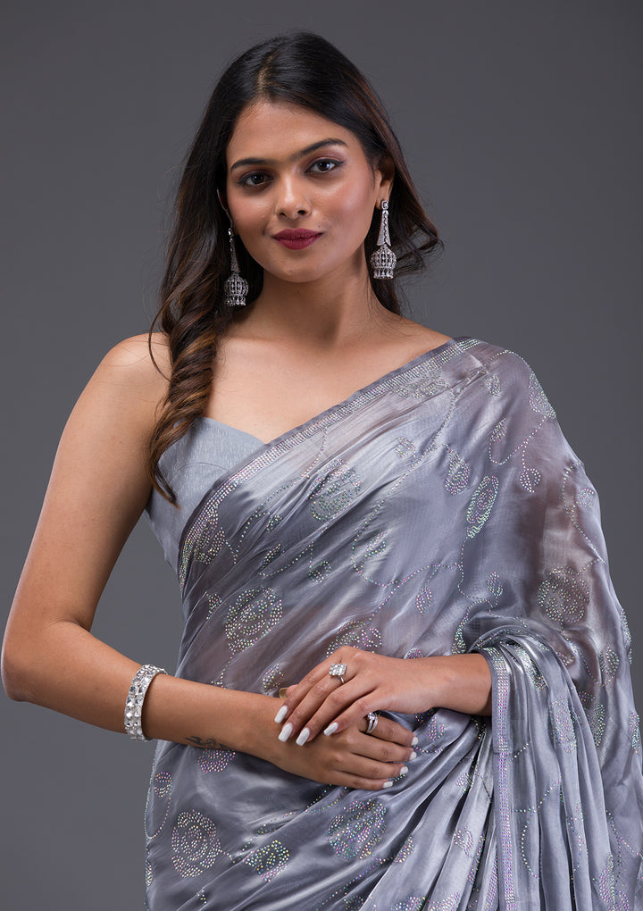 Grey Swarovski Chiffon Saree-Koskii