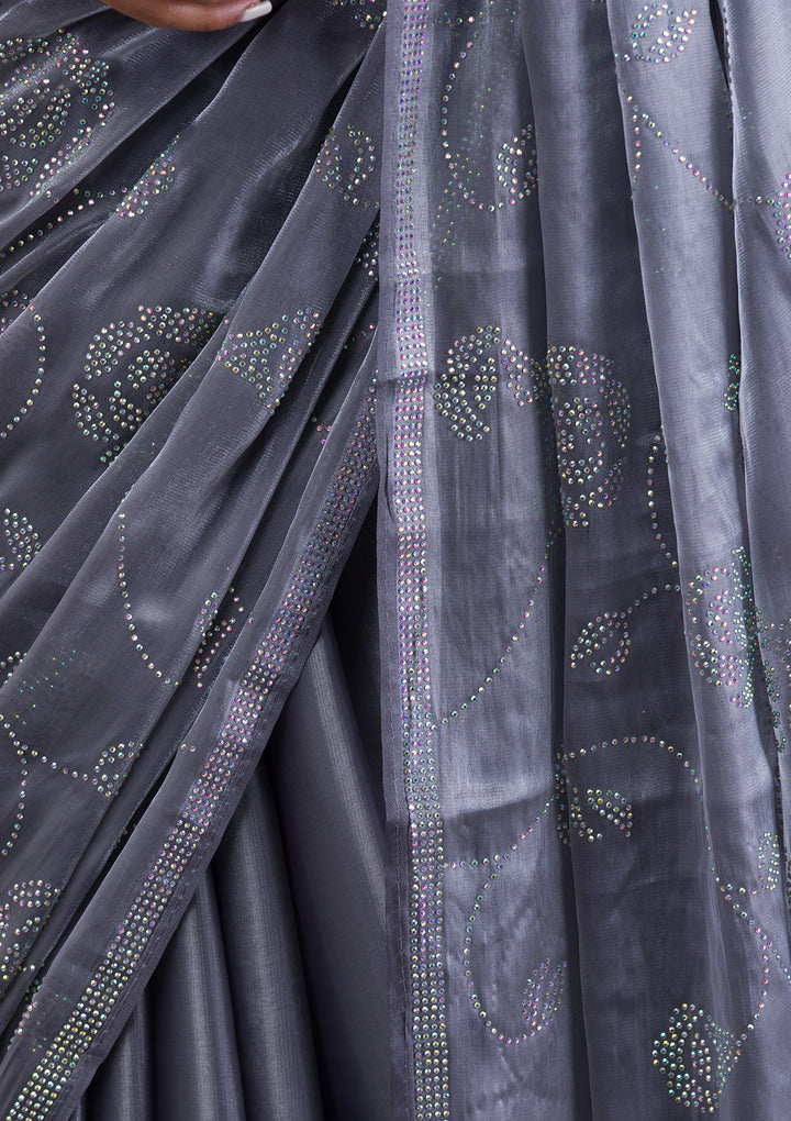 Grey Swarovski Chiffon Saree-Koskii