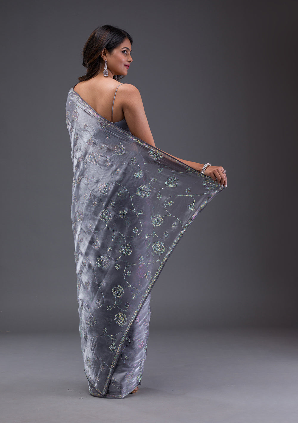 Grey Swarovski Chiffon Saree-Koskii