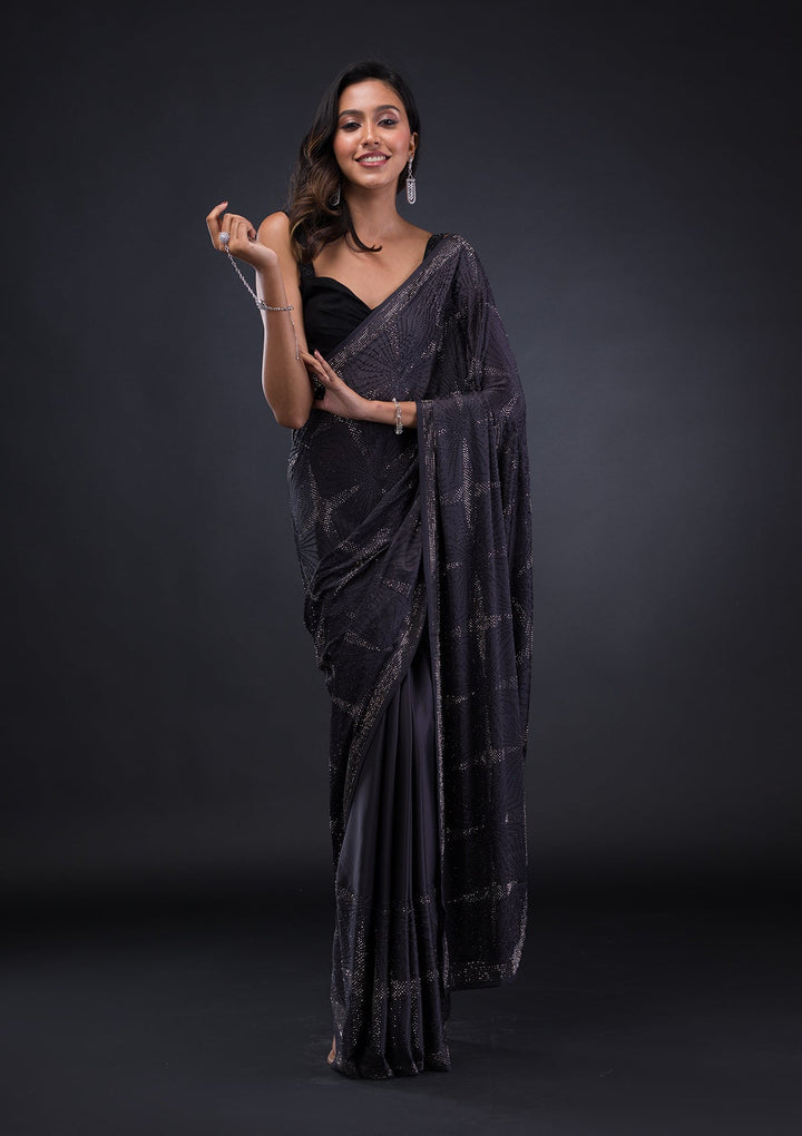Grey Swarovski Satin Saree-Koskii