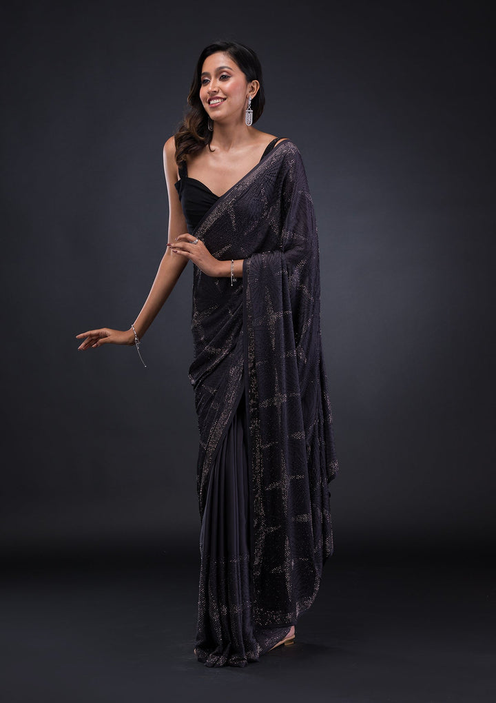 Grey Swarovski Satin Saree-Koskii