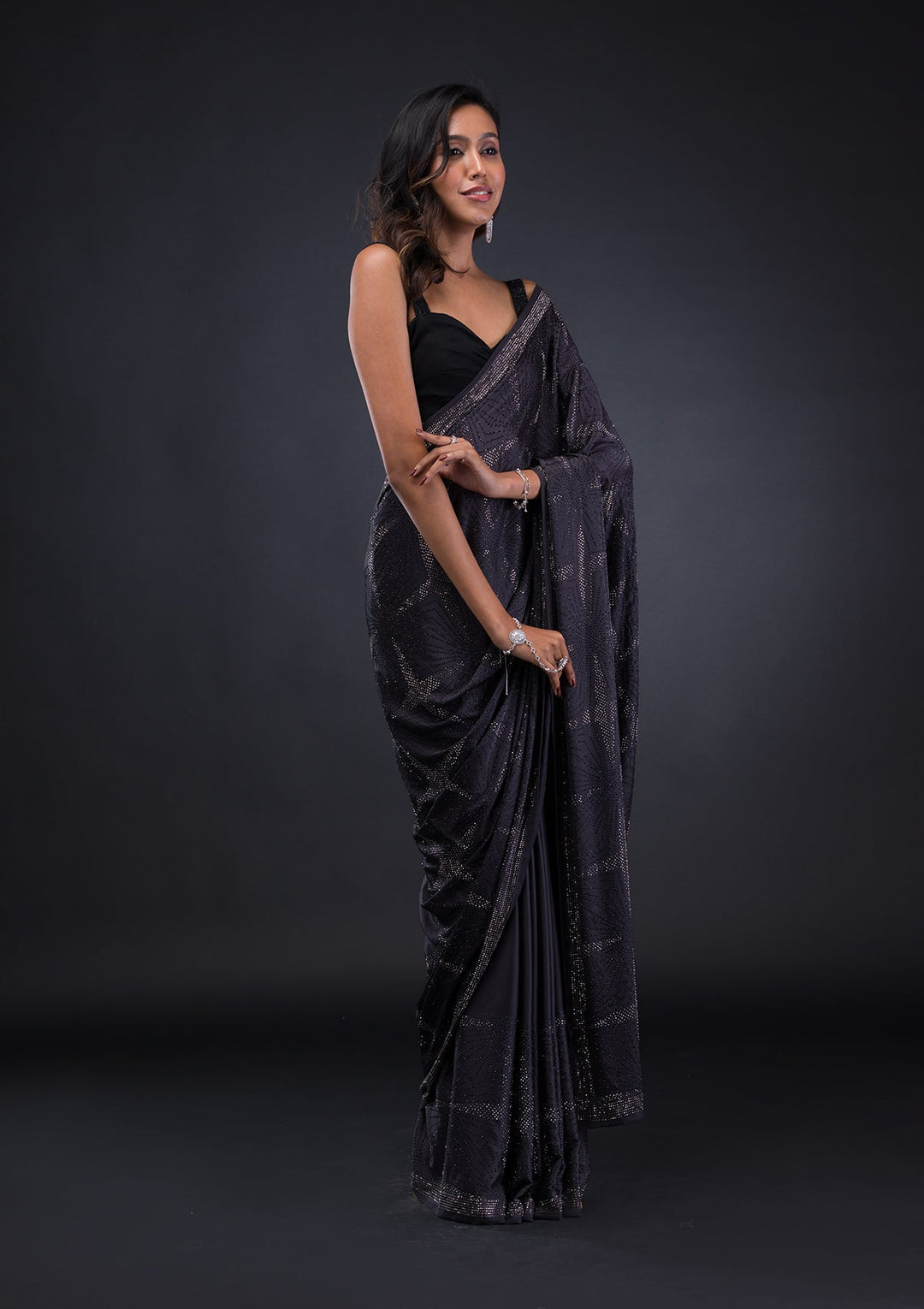 Grey Swarovski Satin Saree-Koskii
