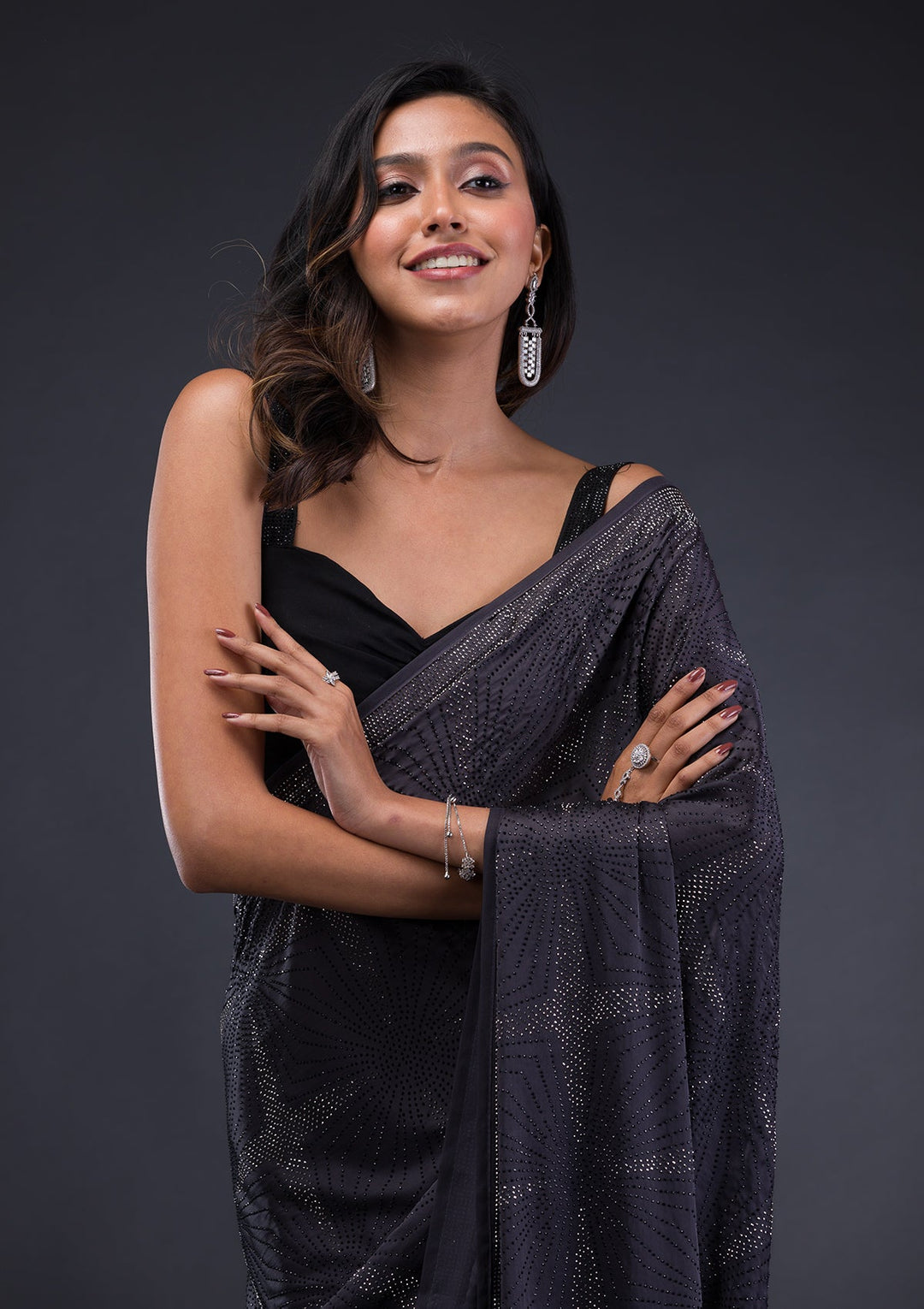 Grey Swarovski Satin Saree-Koskii