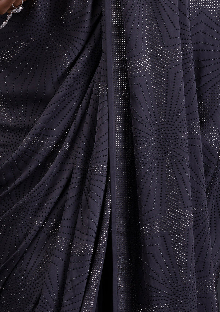 Grey Swarovski Satin Saree-Koskii