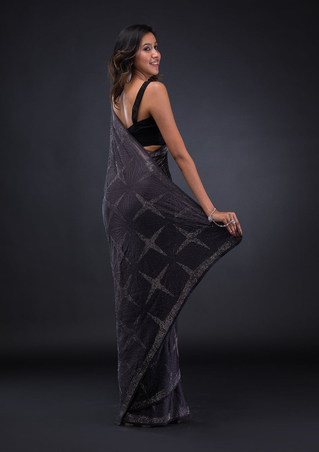 Grey Swarovski Satin Saree-Koskii