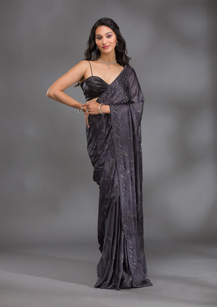 Grey Swarovski Satin Saree-Koskii