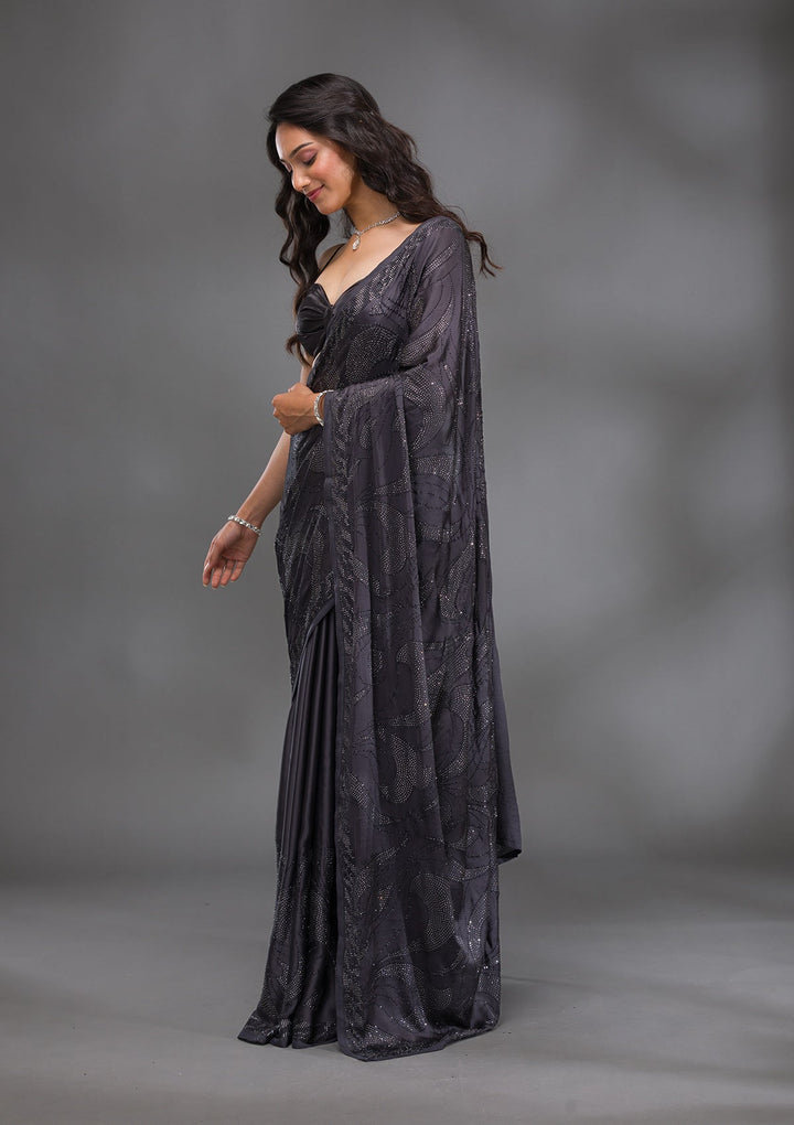 Grey Swarovski Satin Saree-Koskii