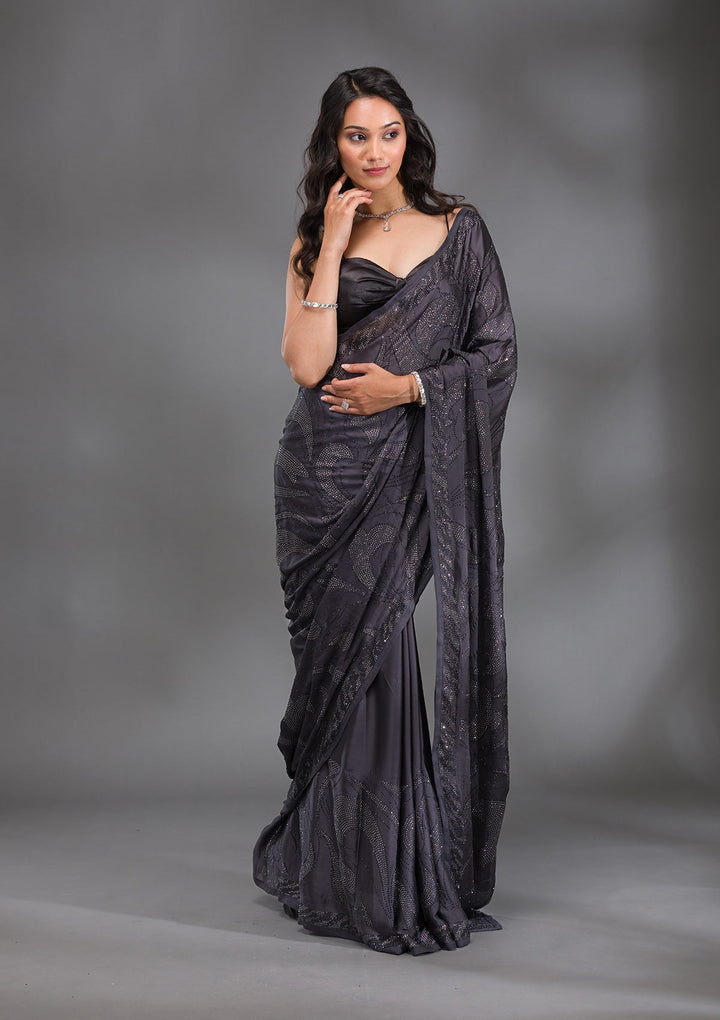 Grey Swarovski Satin Saree-Koskii