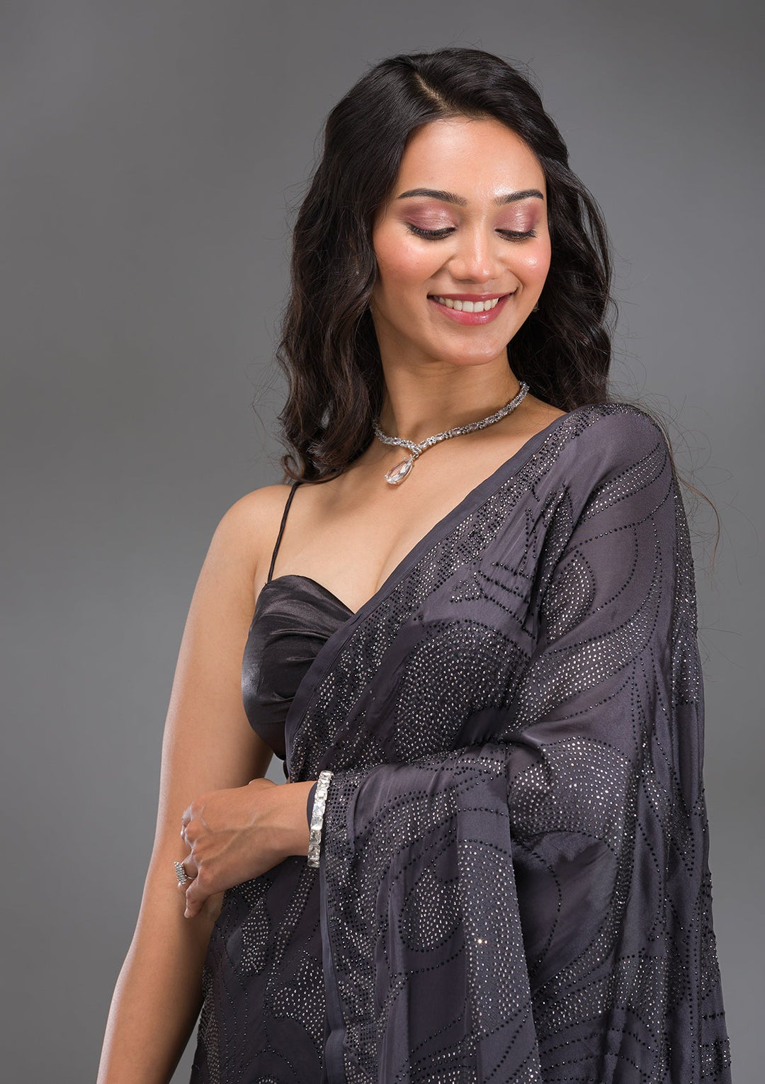 Grey Swarovski Satin Saree-Koskii