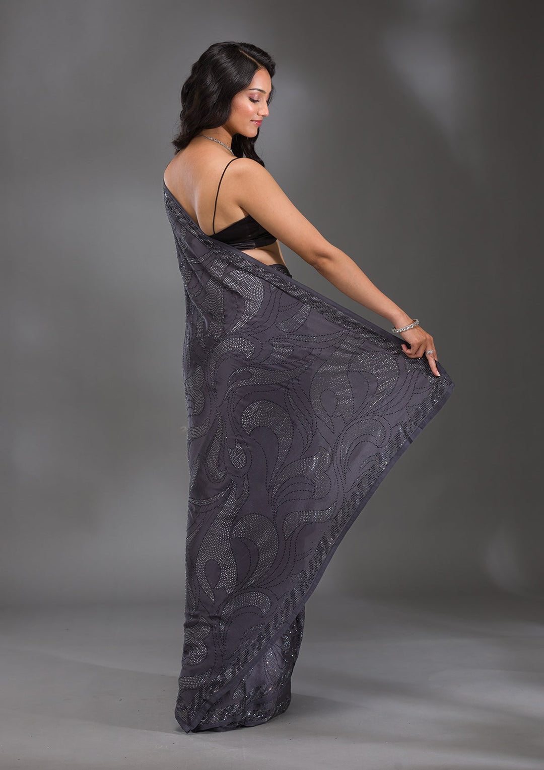 Grey Swarovski Satin Saree-Koskii