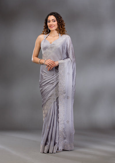 Grey Swarovski Satin Saree-Koskii