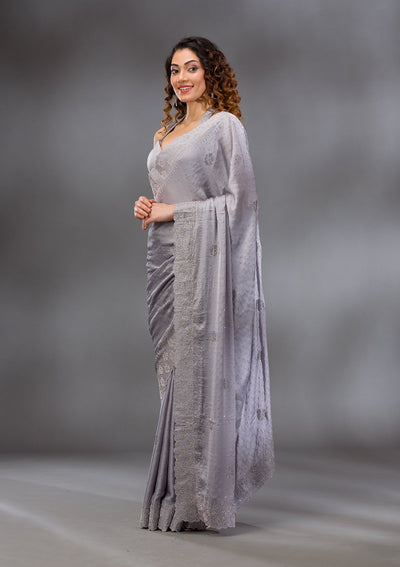 Grey Swarovski Satin Saree-Koskii