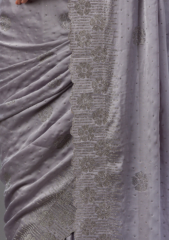 Grey Swarovski Satin Saree-Koskii