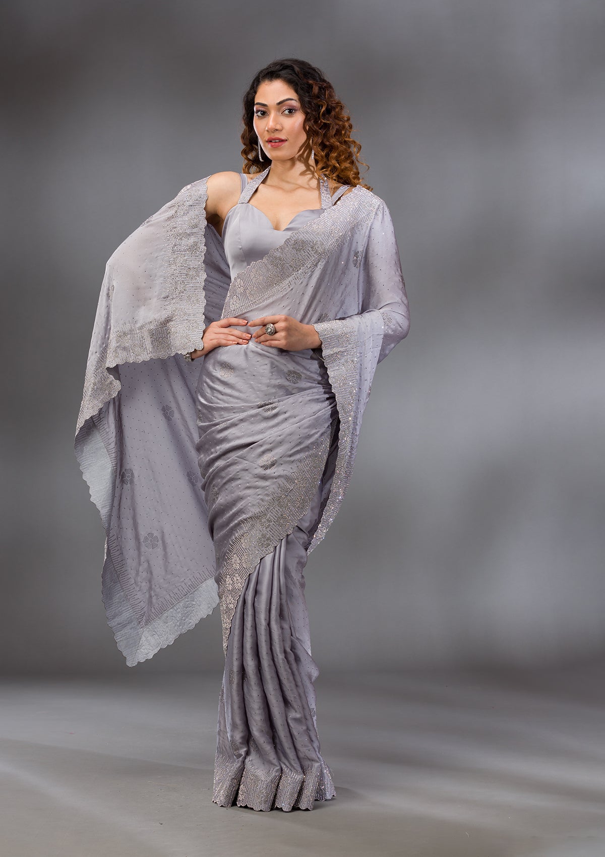 Grey Swarovski Satin Saree-Koskii