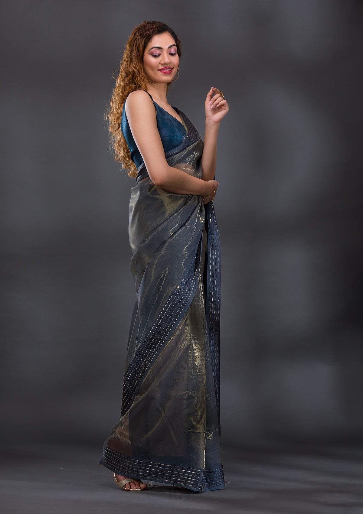 Grey Swarovski Tissue Saree-Koskii