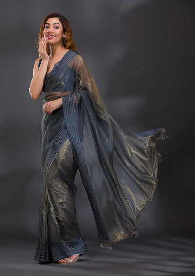 Grey Swarovski Tissue Saree-Koskii