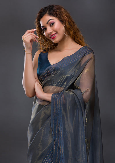 Grey Swarovski Tissue Saree-Koskii