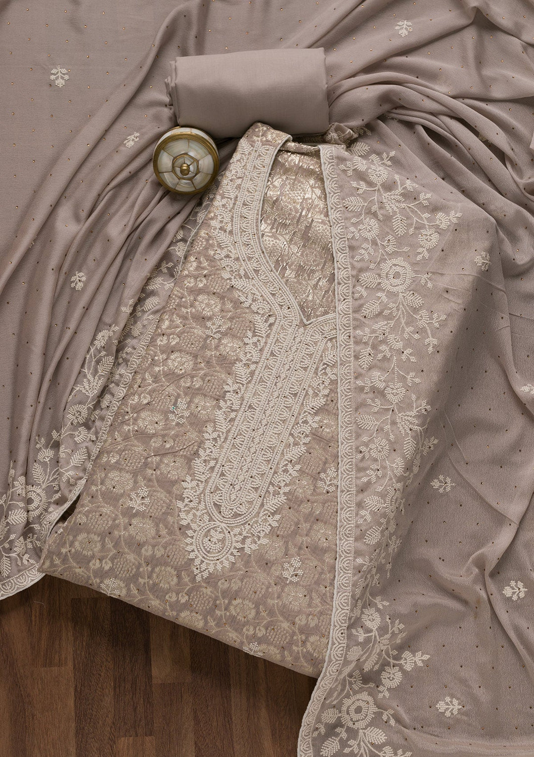Grey Threadwork Banarasi Unstitched Salwar Suit-Koskii