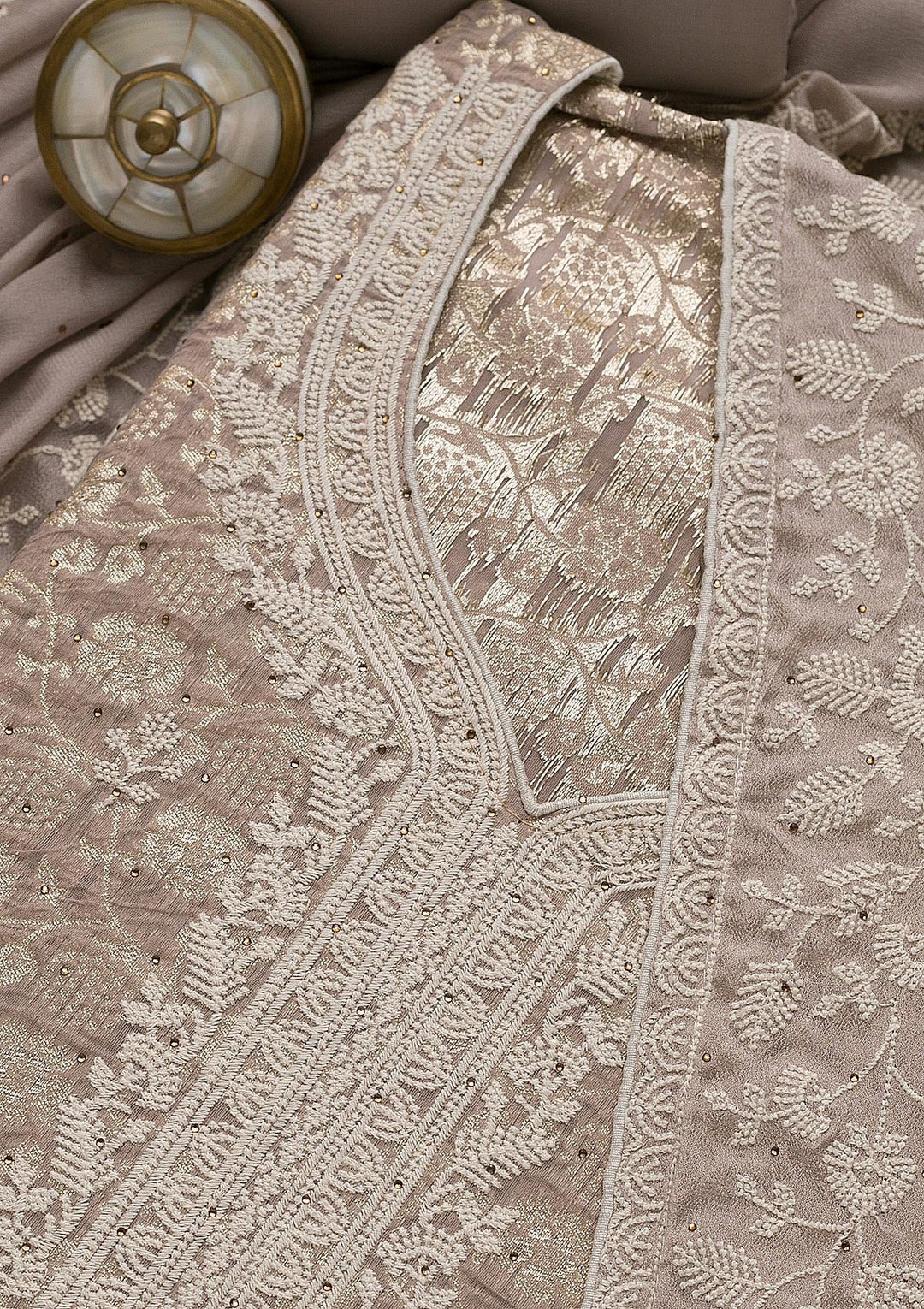 Grey Threadwork Banarasi Unstitched Salwar Suit-Koskii