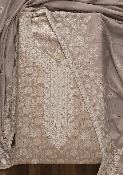 Grey Threadwork Banarasi Unstitched Salwar Suit-Koskii
