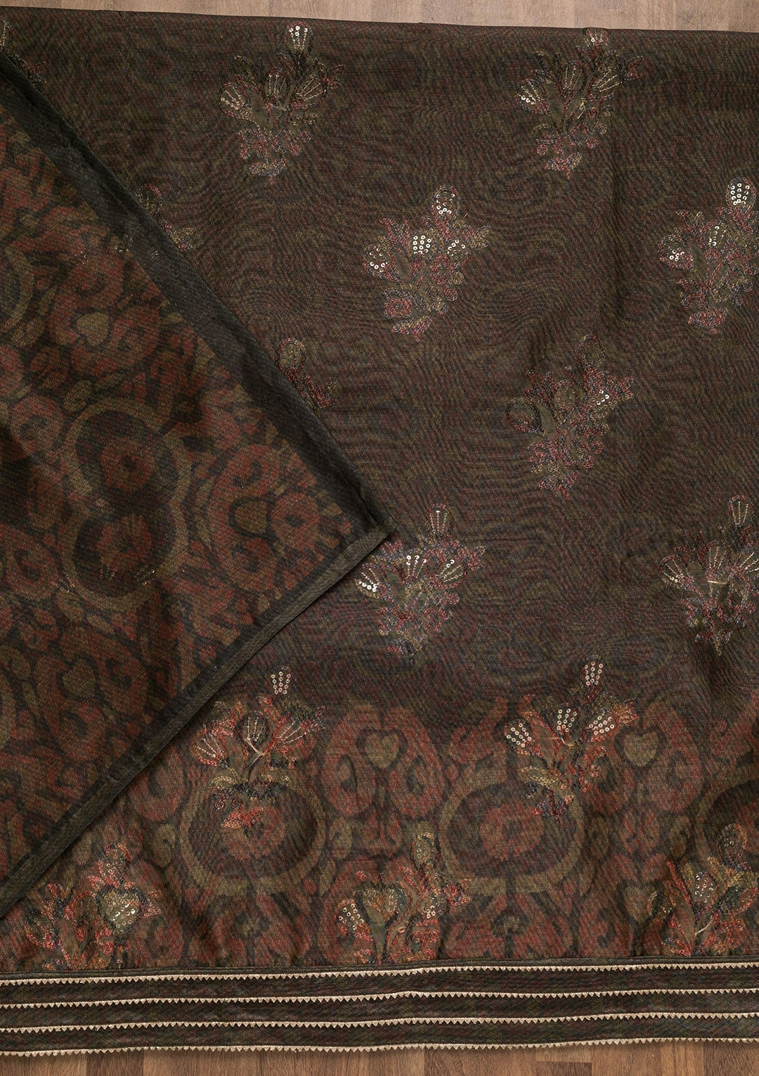 Grey Threadwork Chanderi Unstitched Salwar Suit-Koskii