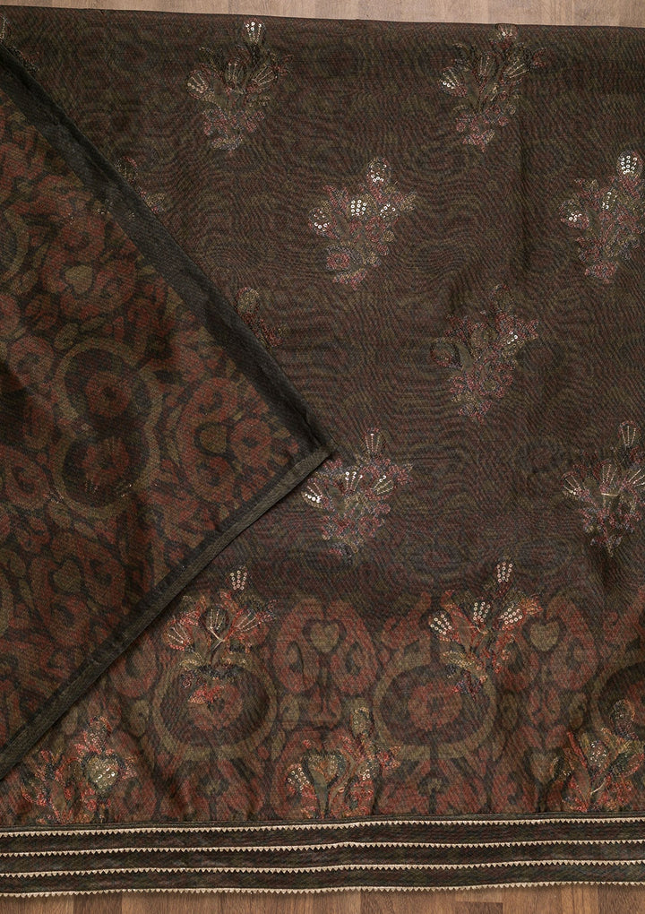 Grey Threadwork Chanderi Unstitched Salwar Suit-Koskii